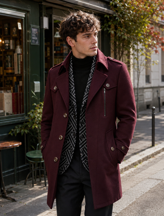 Cappotto uomo bordeaux con bottoni chiari, spalline e tasche con patta