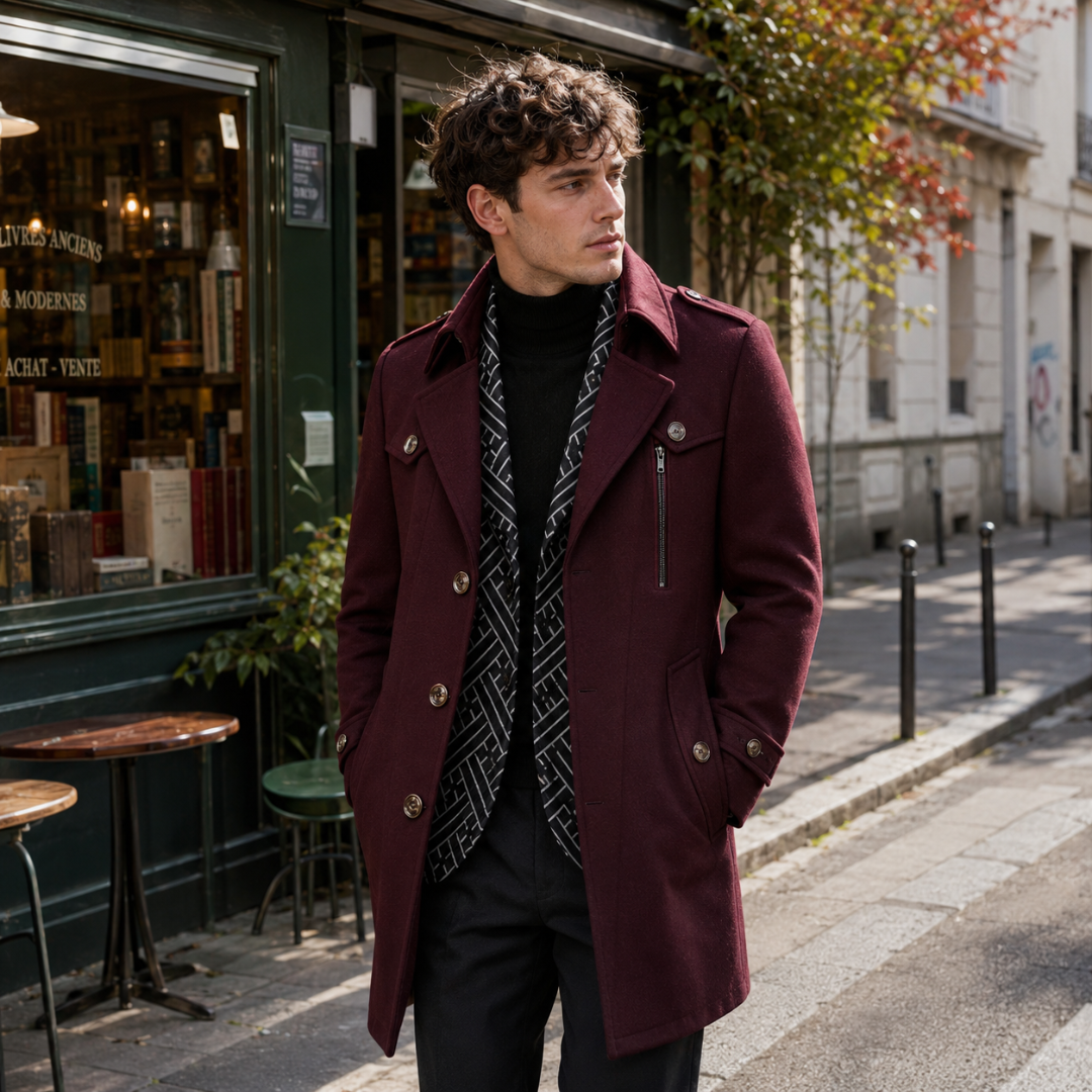 Cappotto uomo bordeaux con bottoni chiari, spalline e tasche con patta