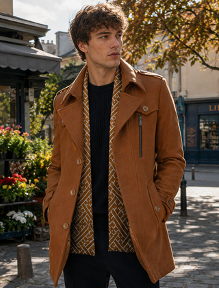 Cappotto uomo cammello con spalline, bottoni frontali e tasche con patta