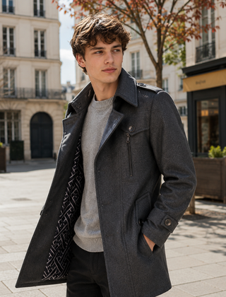 Cappotto uomo grigio scuro con spalline, zip sul petto e polsini abbottonati
