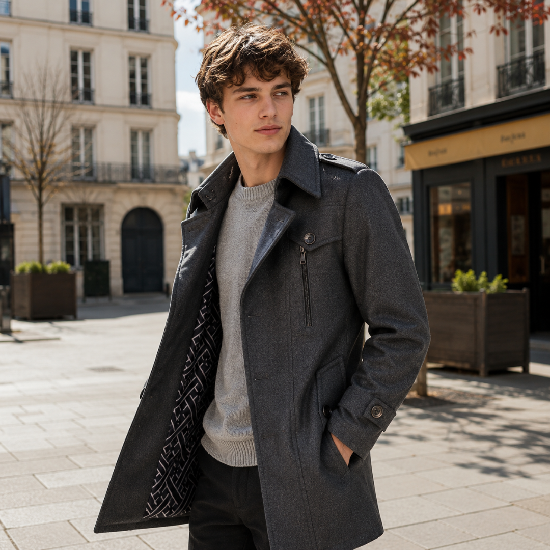 Cappotto uomo grigio scuro con spalline, zip sul petto e polsini abbottonati