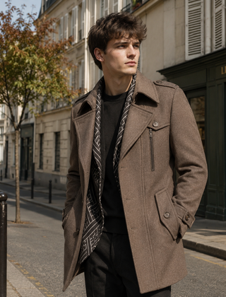 Cappotto uomo marrone chiaro con collo a punta e zip sul petto
