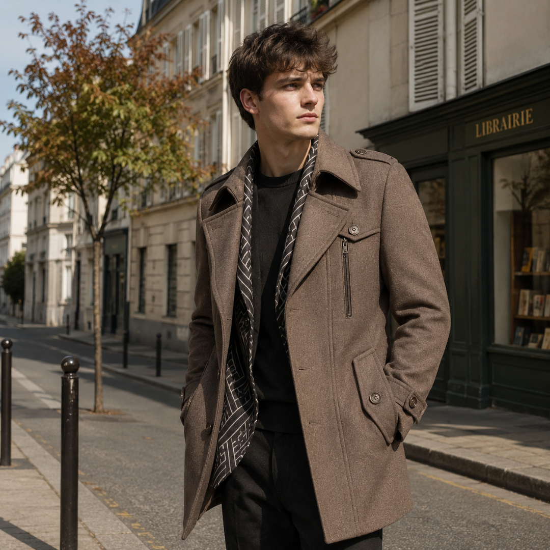 Cappotto uomo marrone chiaro con collo a punta e zip sul petto