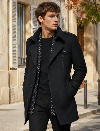 Cappotto uomo nero con collo a punta rialzato, spalline e zip sul petto