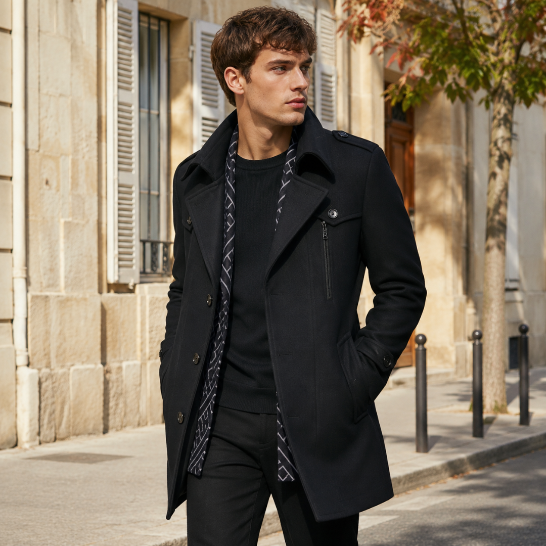 Cappotto uomo nero con collo a punta rialzato, spalline e zip sul petto
