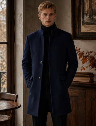 Cappotto uomo blu navy con collo alla coreana rialzato e bottoni sul davanti
