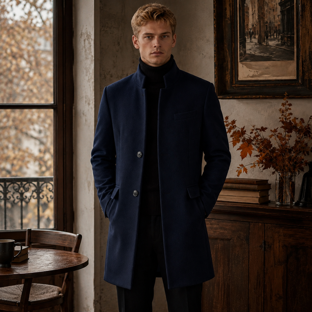 Cappotto uomo blu navy con collo alla coreana rialzato e bottoni sul davanti
