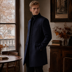 Cappotto blu navy da uomo di tre quarti con taschino a filetto e tasche con patta