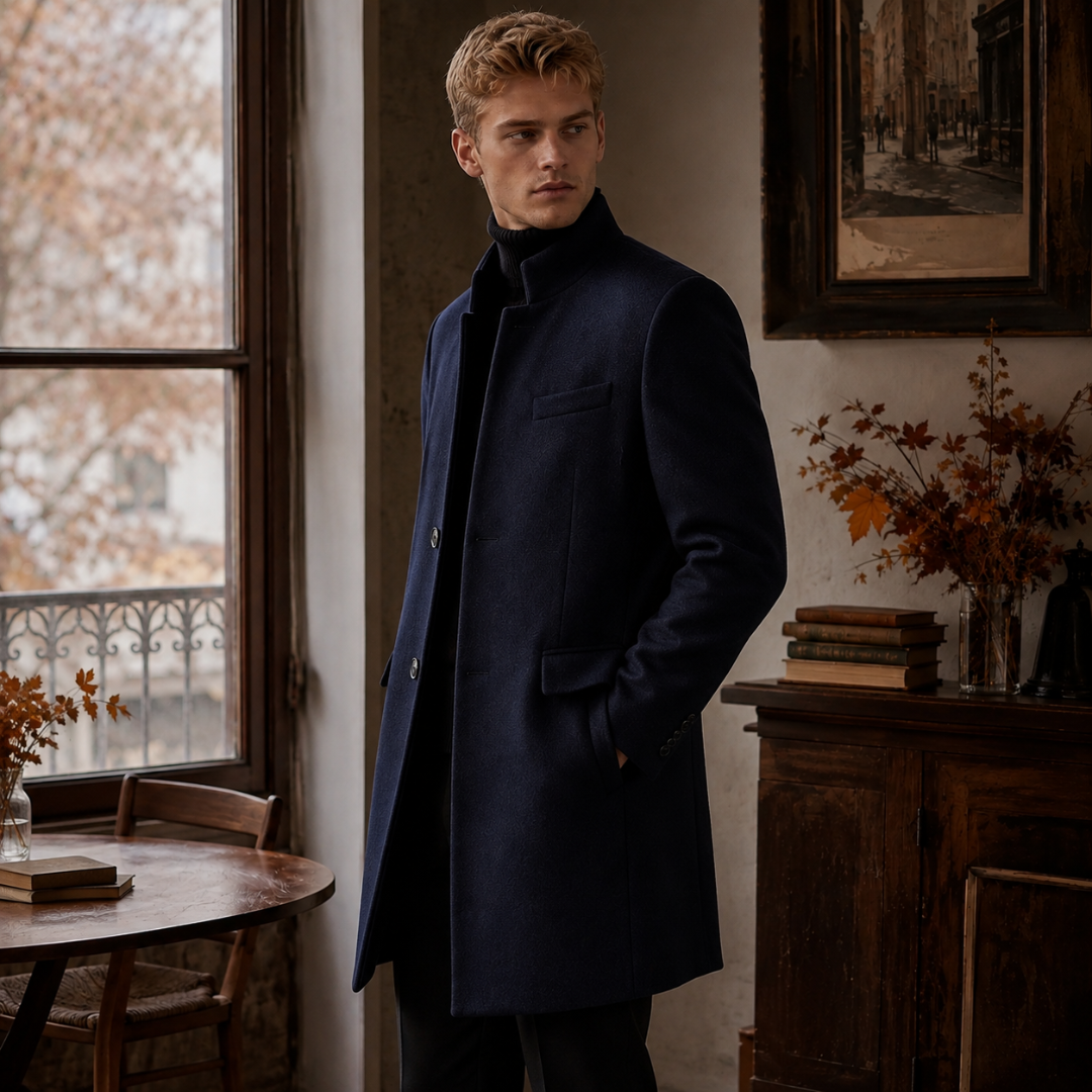 Cappotto blu navy da uomo di tre quarti con taschino a filetto e tasche con patta