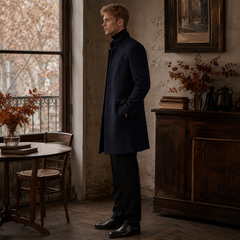 Vista laterale del cappotto uomo blu navy con bottoni sul polsino e linea dritta