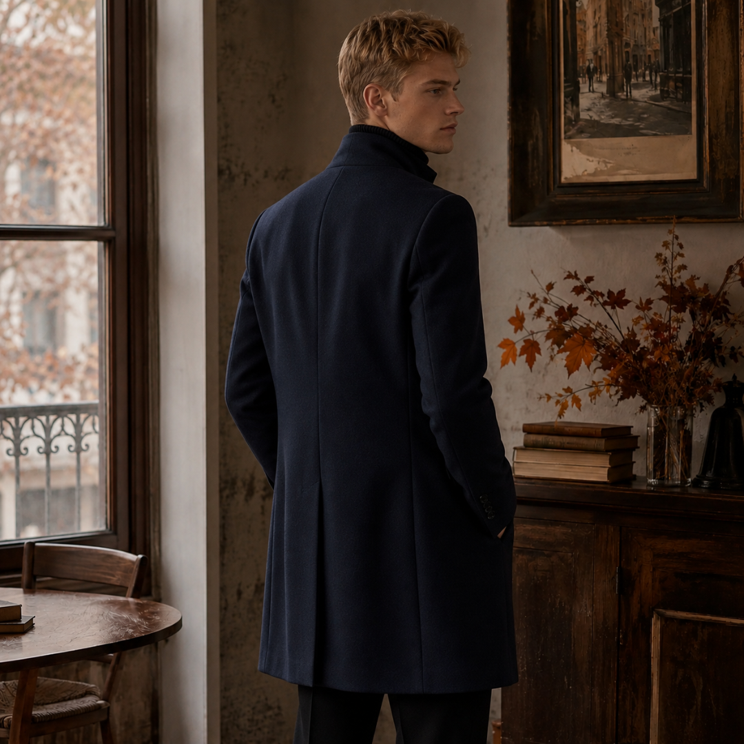 Retro del cappotto uomo blu navy con cucitura centrale e collo rialzato