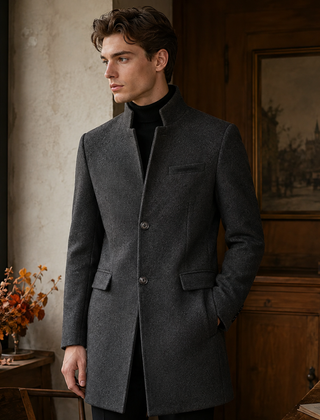 Cappotto uomo grigio scuro con bottoni sul davanti e taschino a filetto sul petto
