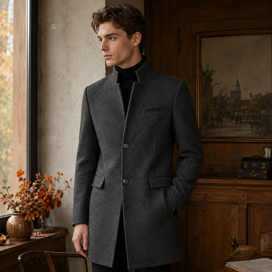 Cappotto uomo grigio scuro con bottoni sul davanti e taschino a filetto sul petto