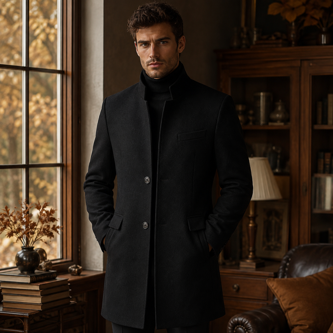 Cappotto uomo nero monopetto con collo rialzato e due tasche con patta
