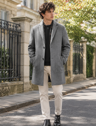 Cappotto uomo grigio monopetto con revers dentellati e grandi tasche applicate davanti