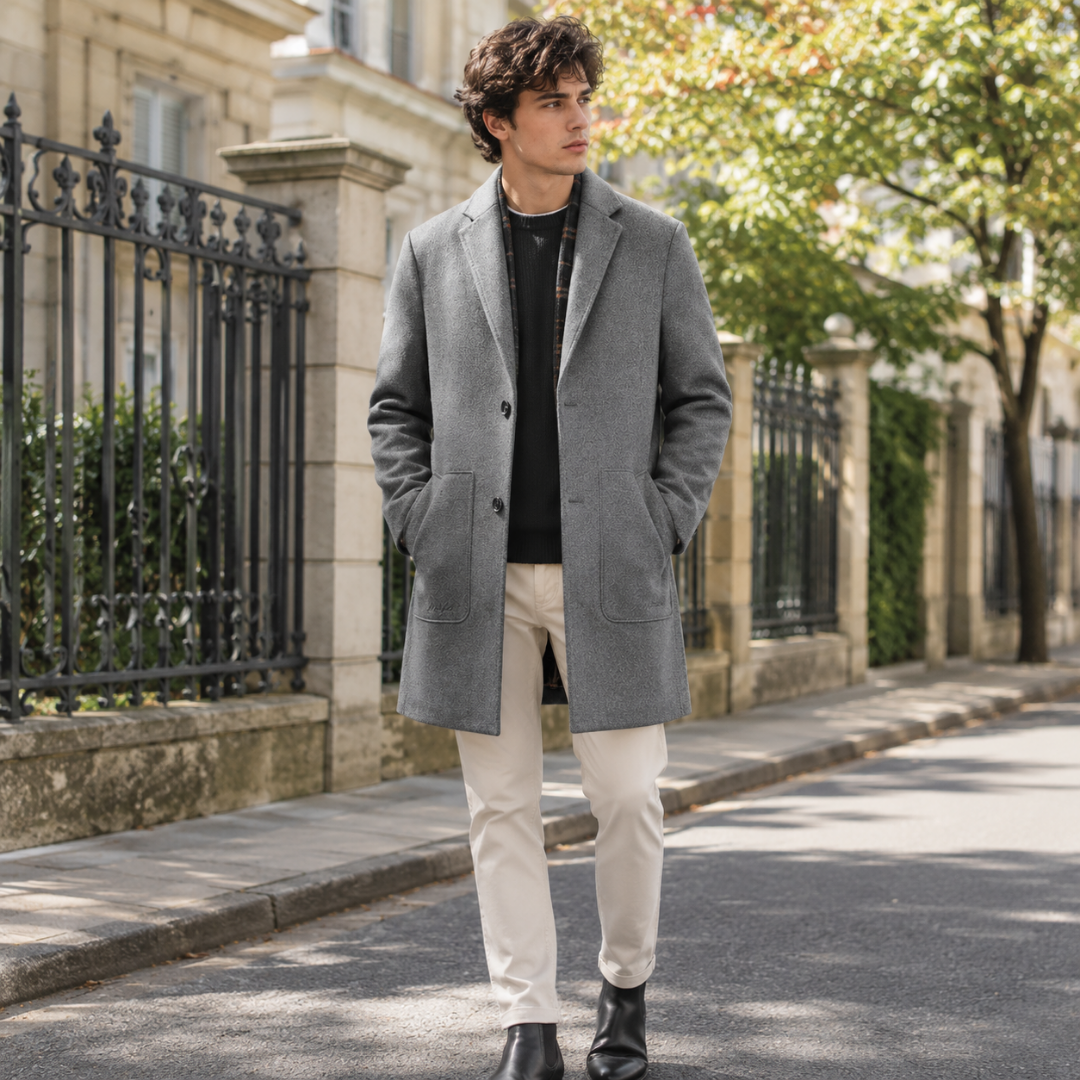 Cappotto uomo grigio monopetto con revers dentellati e grandi tasche applicate davanti