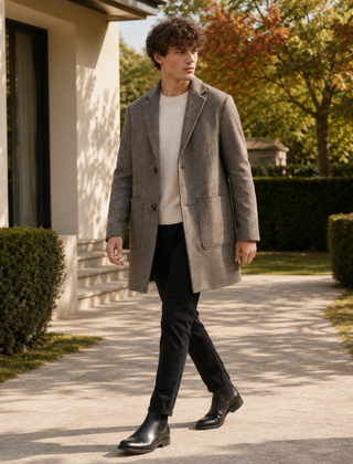 Cappotto uomo monopetto kaki con revers dentellati e tasche applicate, indossato aperto