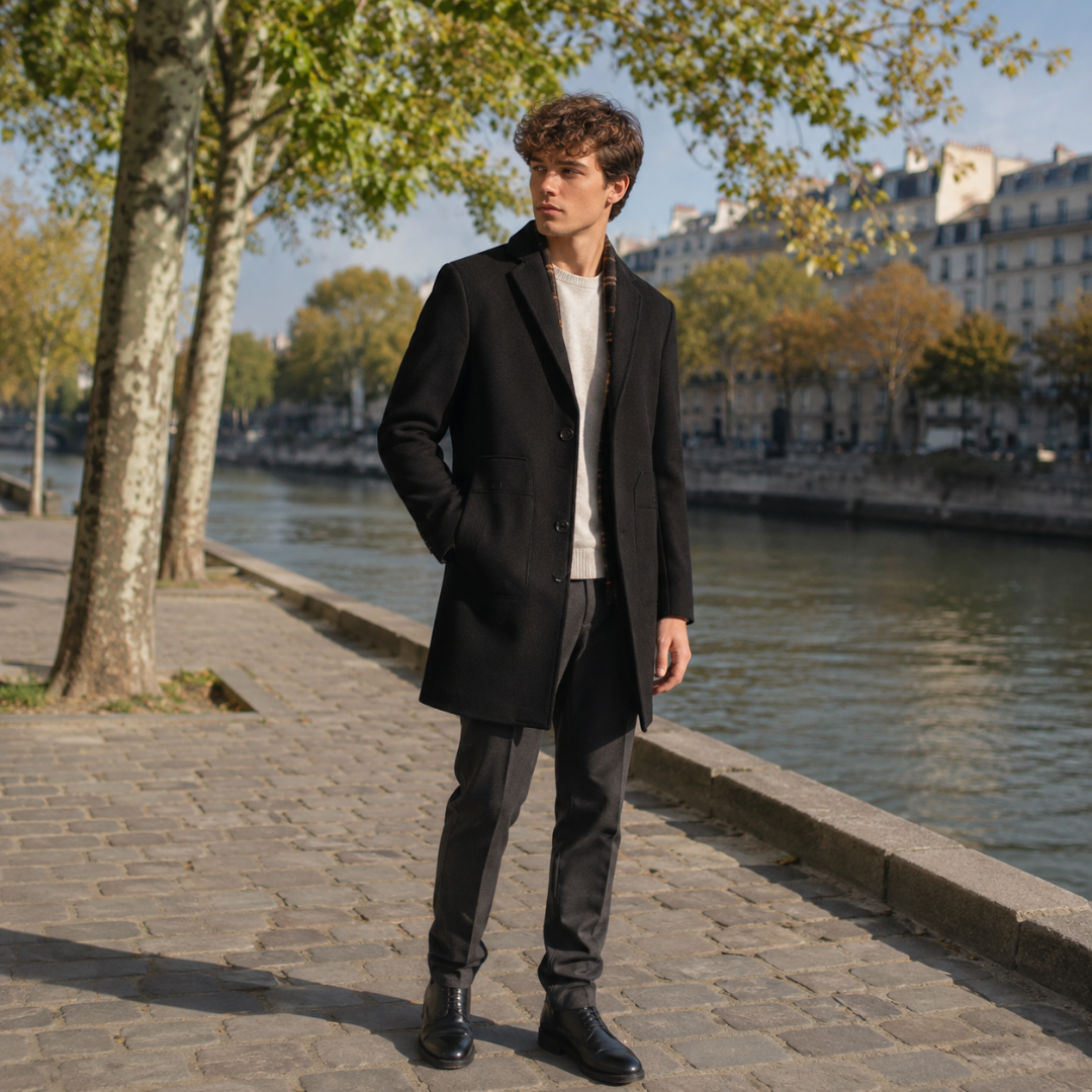 Cappotto uomo nero monopetto con bottoni a vista e revers dentellati, look urbano