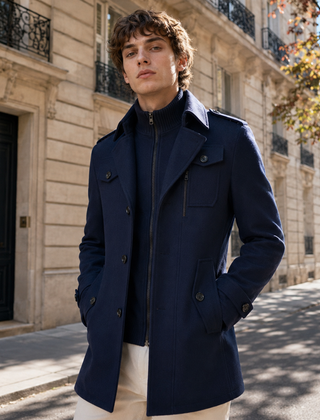 Cappotto uomo blu navy con bottoni frontali e tasche al petto con patta