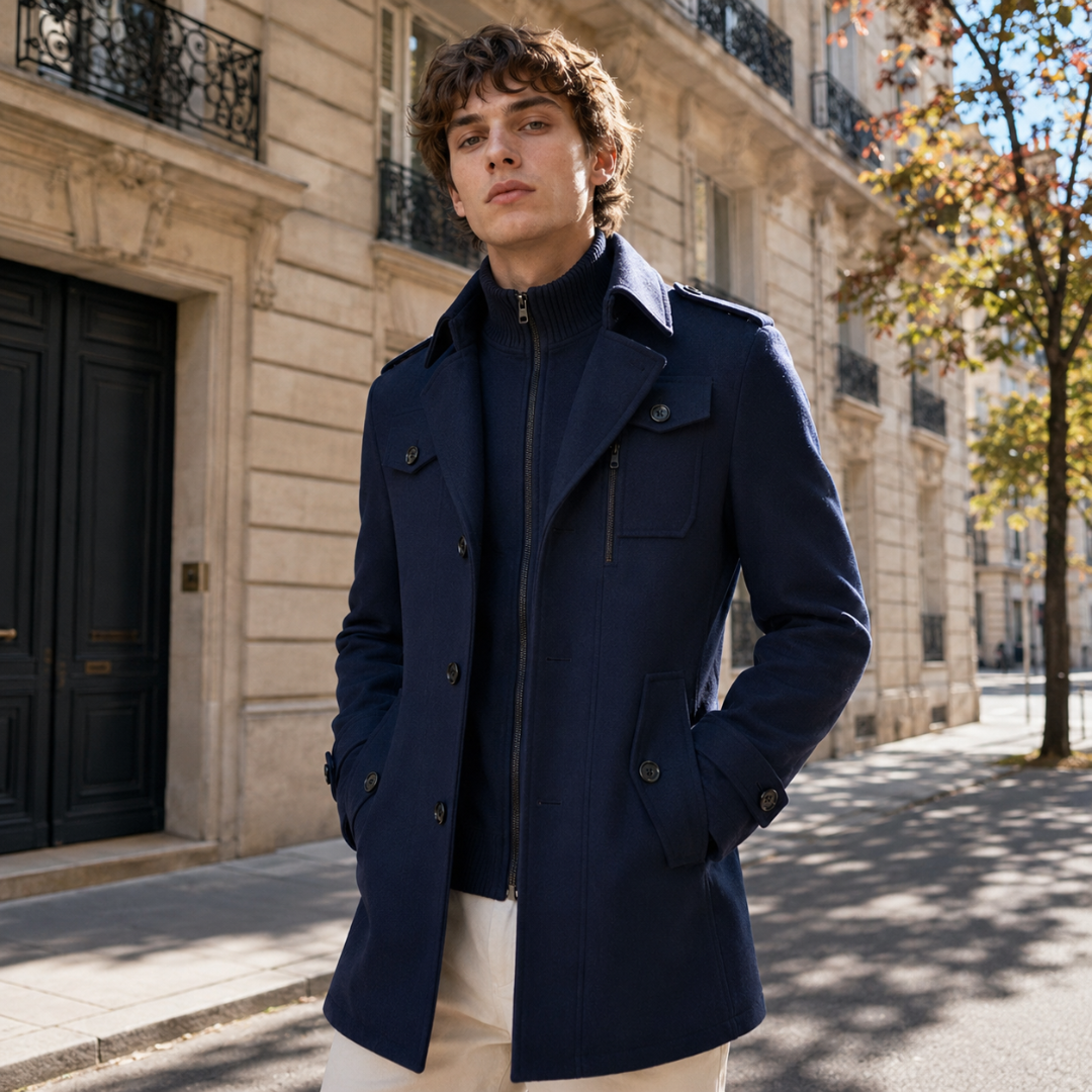 Cappotto uomo blu navy con bottoni frontali e tasche al petto con patta