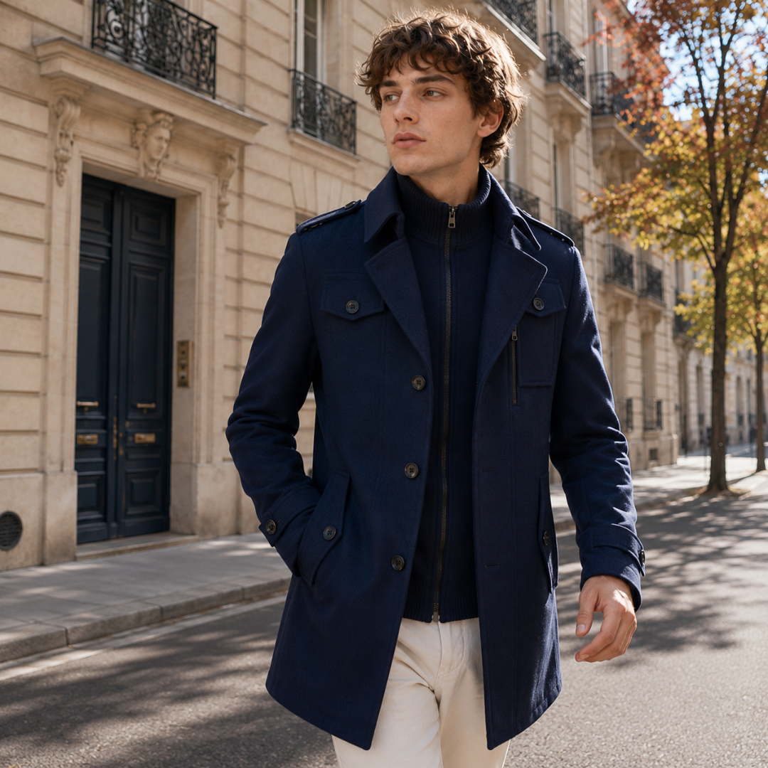 Cappotto uomo blu navy in movimento con collo classico e spalline