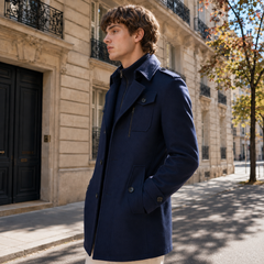 Cappotto uomo blu navy di lato con tasca verticale con zip e polsino con bottone