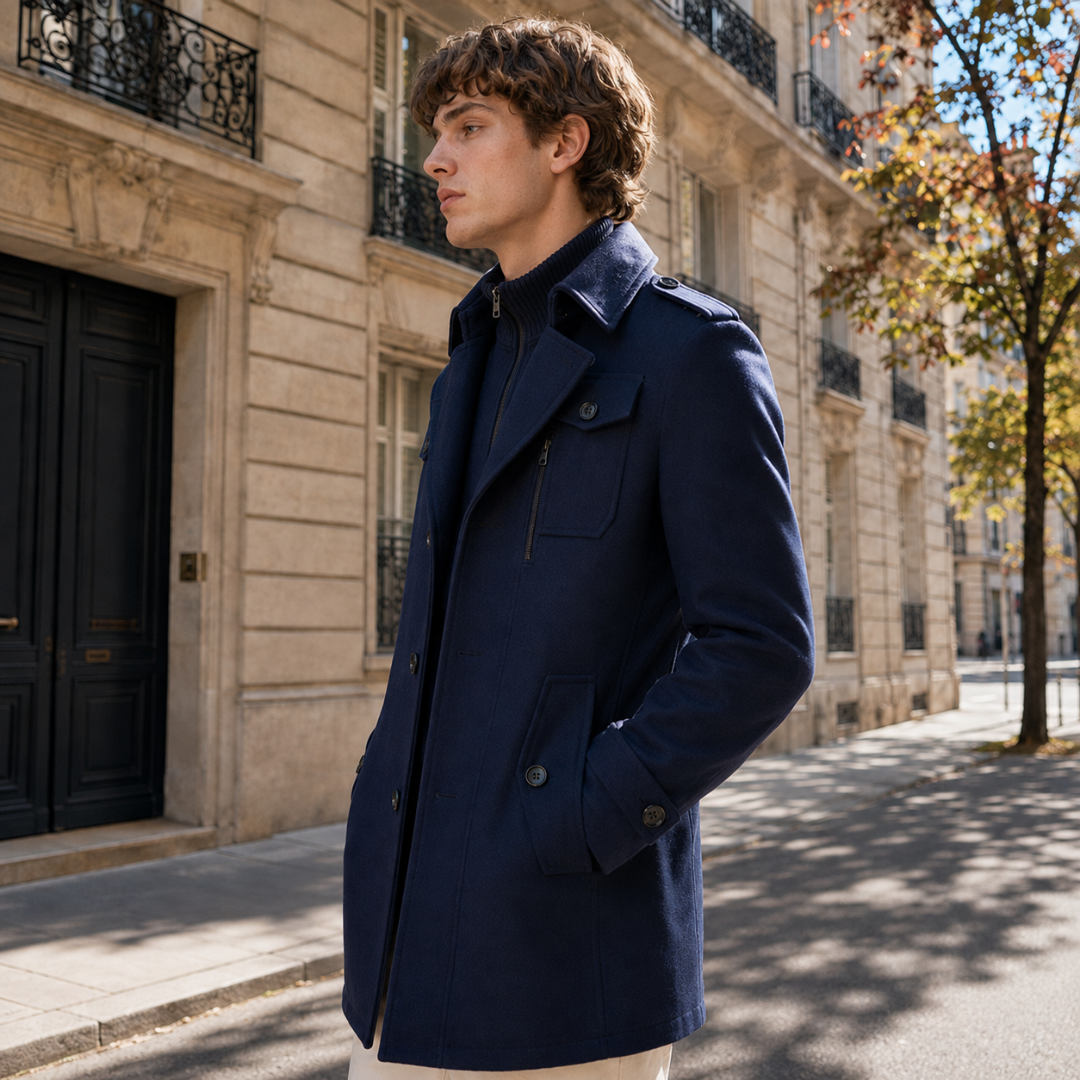 Cappotto uomo blu navy di lato con tasca verticale con zip e polsino con bottone