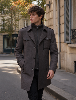 Cappotto uomo grigio scuro con spalline e tasche al petto con patta, vista frontale