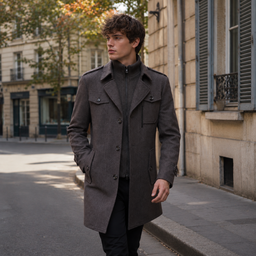Cappotto uomo grigio scuro con spalline e tasche al petto con patta, vista frontale