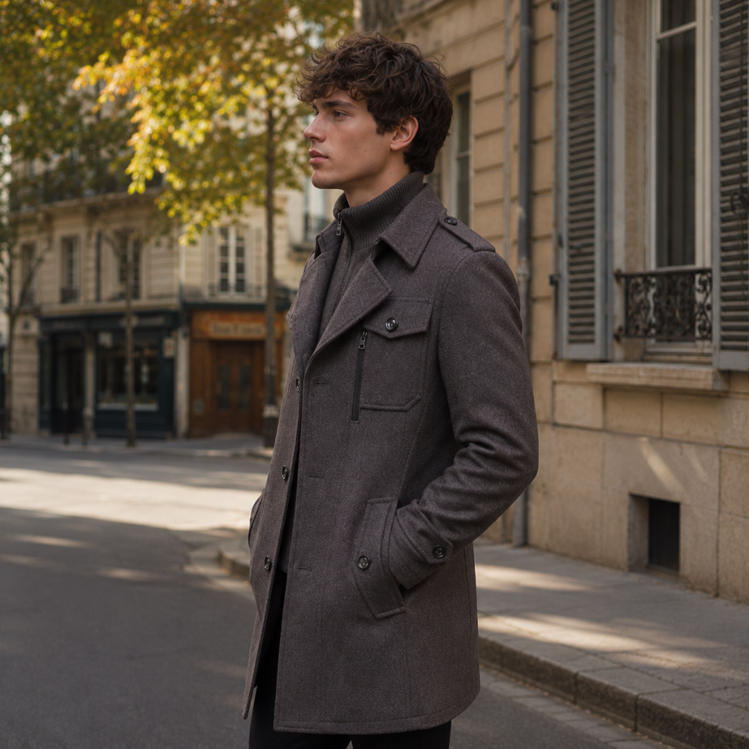 Cappotto uomo grigio scuro di tre quarti con collo alzato e tasca con zip