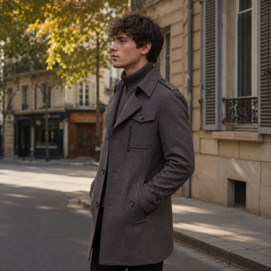 Cappotto uomo grigio scuro di tre quarti con collo alzato e tasca con zip