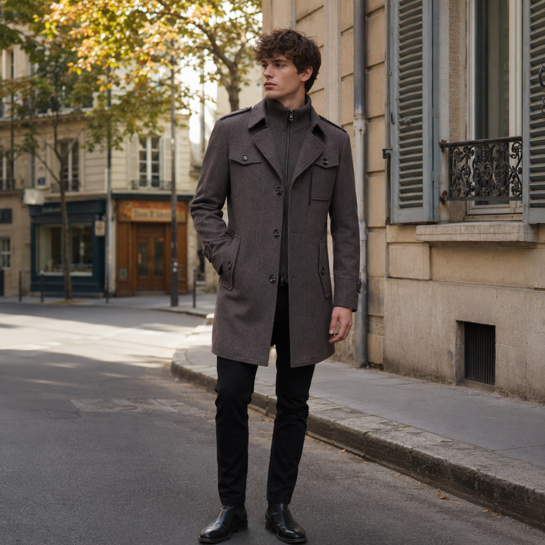 Cappotto uomo grigio scuro intero abbinato a pantaloni neri e stivaletti