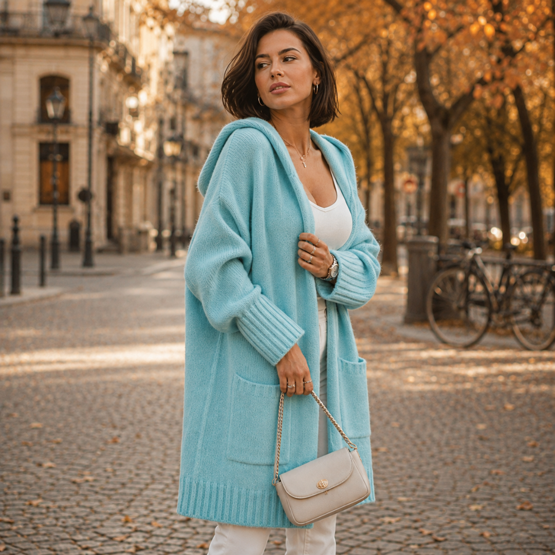 Cardigan azzurro aperto con cappuccio ampio, bordo inferiore a coste e due tasche