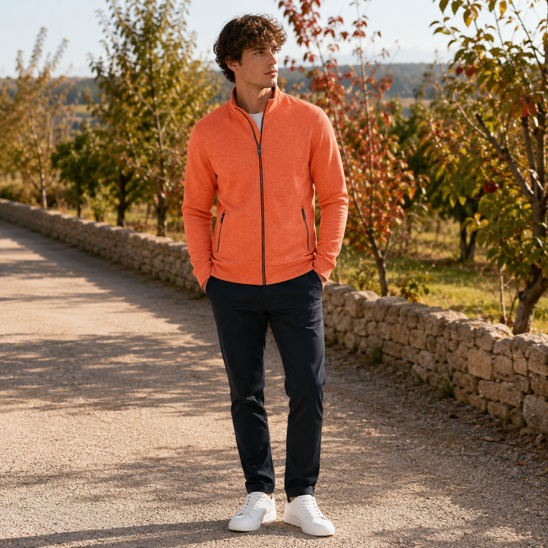 Cardigan uomo arancione con zip integrale, collo alto e tasche con zip