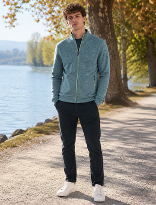 Cardigan uomo blu melange con zip integrale chiara e due tasche
