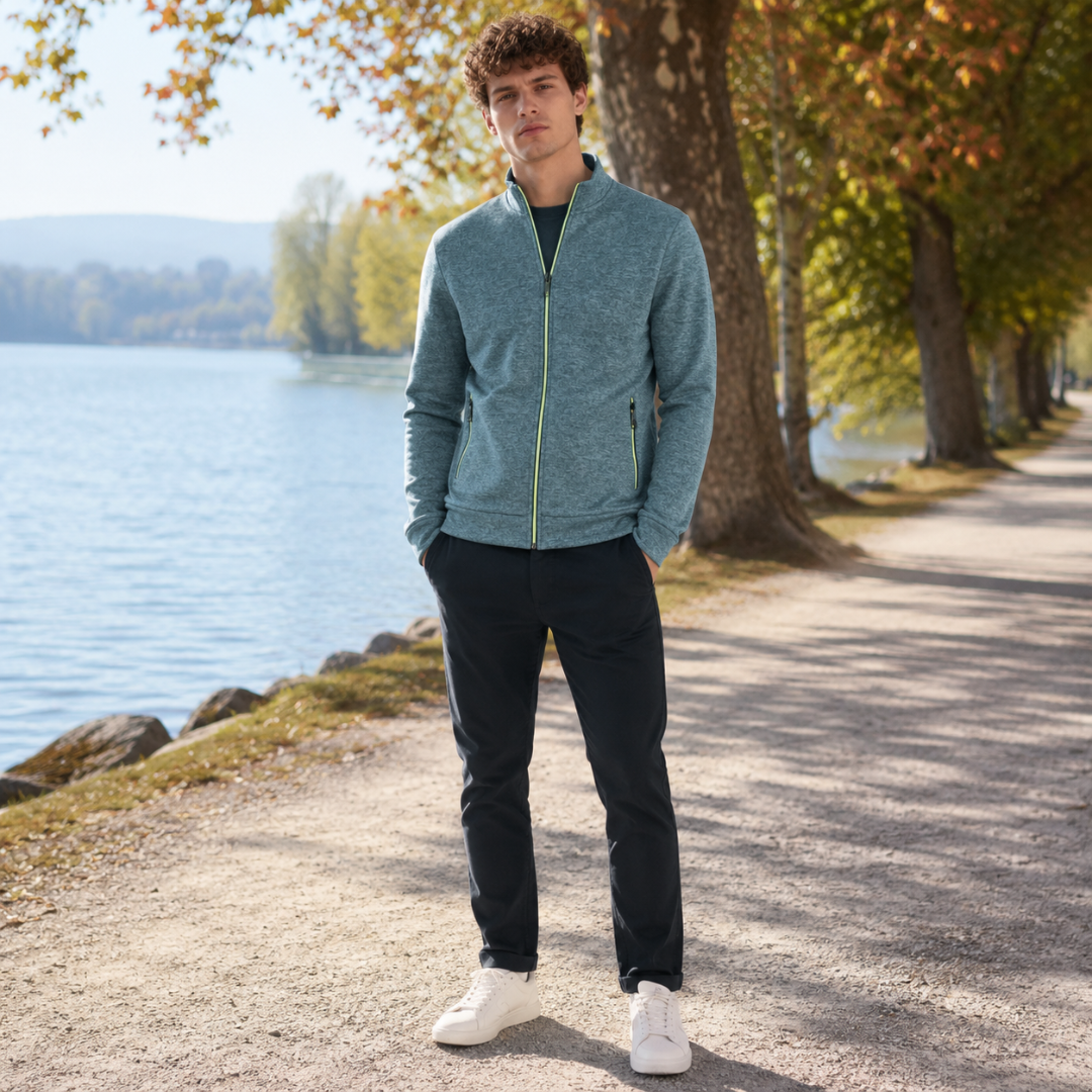 Cardigan uomo blu melange con zip integrale chiara e due tasche