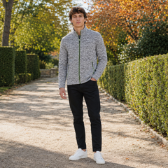 Cardigan uomo grigio chiaro melange con zip a contrasto e collo alto