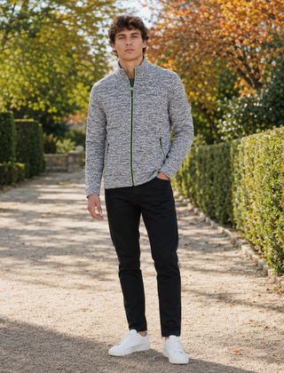 Cardigan uomo grigio chiaro melange con zip a contrasto e collo alto