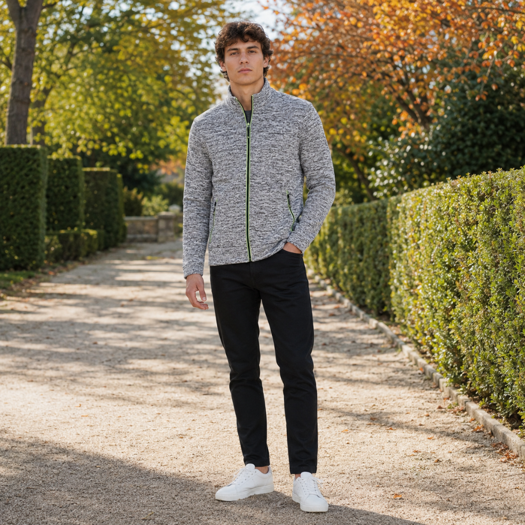 Cardigan uomo grigio chiaro melange con zip a contrasto e collo alto