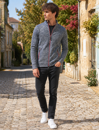 Cardigan uomo grigio scuro con zip rossa a contrasto e collo alto