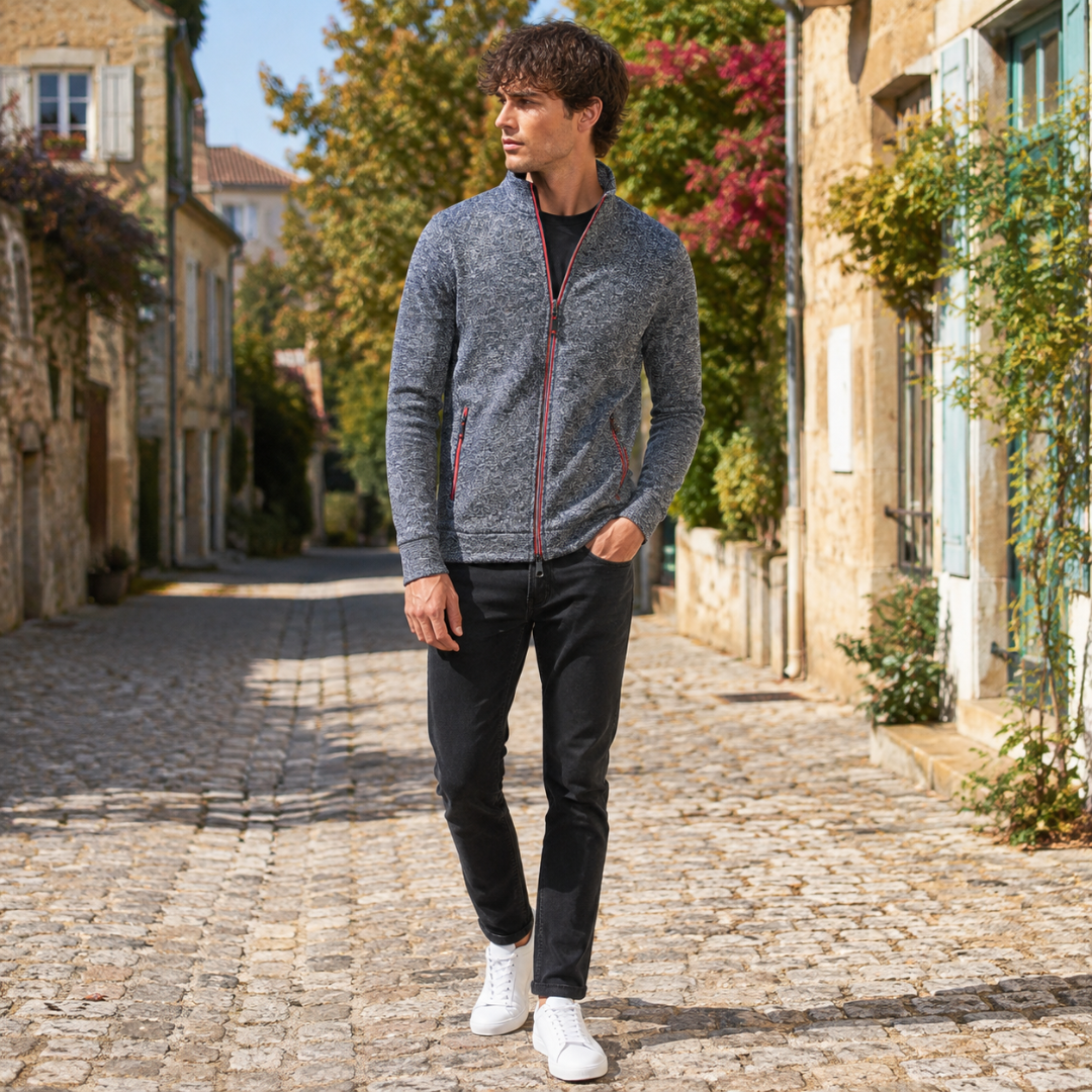 Cardigan uomo grigio scuro con zip rossa a contrasto e collo alto