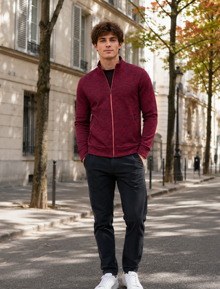 Cardigan uomo rosso melange con zip integrale e bordi a coste