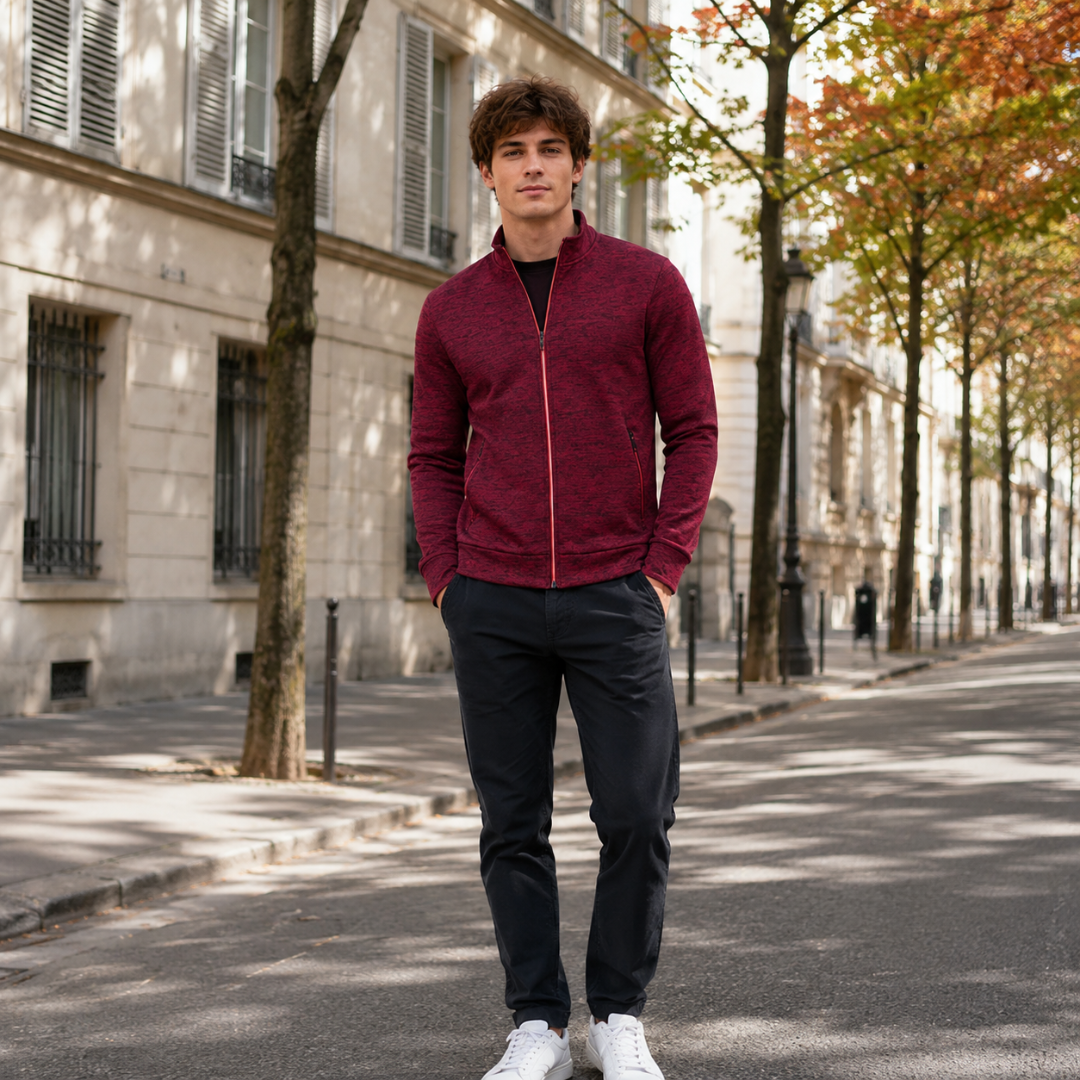 Cardigan uomo rosso melange con zip integrale e bordi a coste