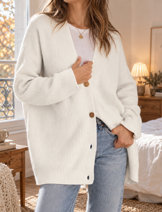 Cardigan donna bianco a coste con scollo a V e bottoni tono legno