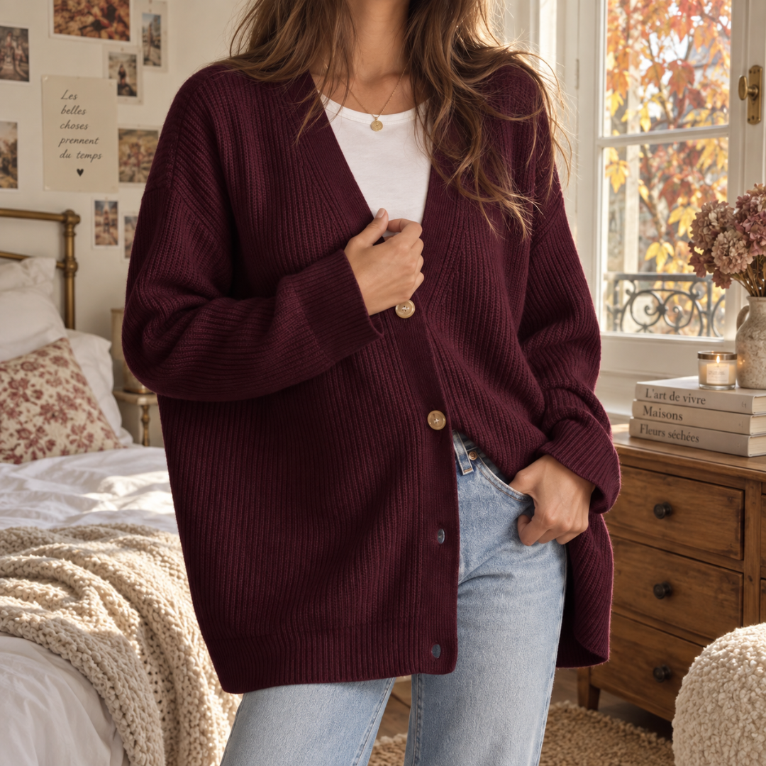 Cardigan donna bordeaux in maglia a coste con scollo a V e bottoni chiari