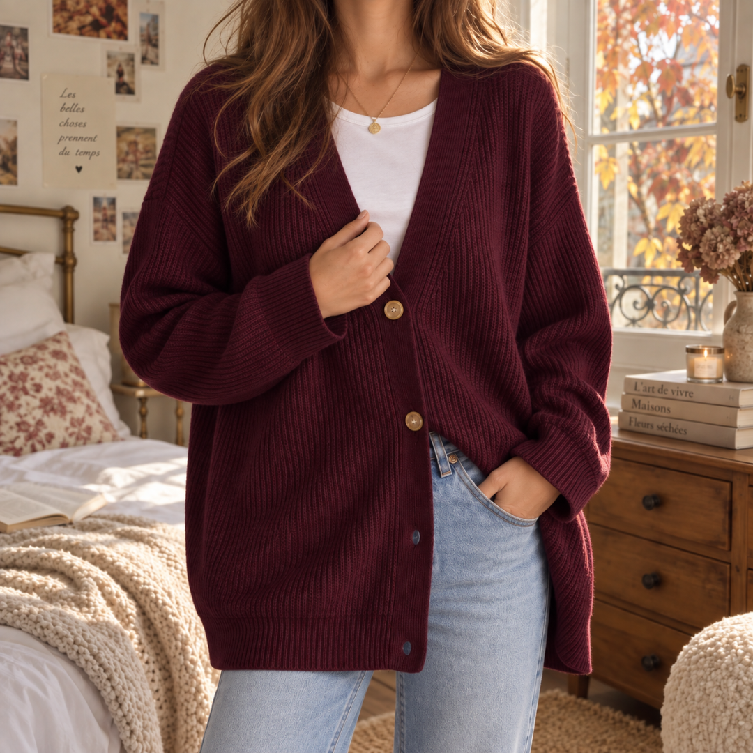 Cardigan bordeaux a coste aperto sul davanti con bottoni a vista e pantaloni chiari