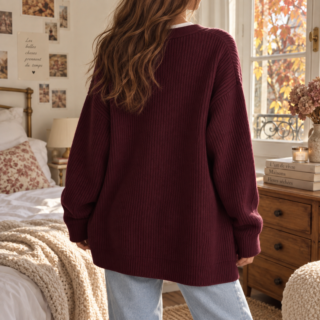 Retro del cardigan donna bordeaux con maglia a coste verticali e polsini a costine