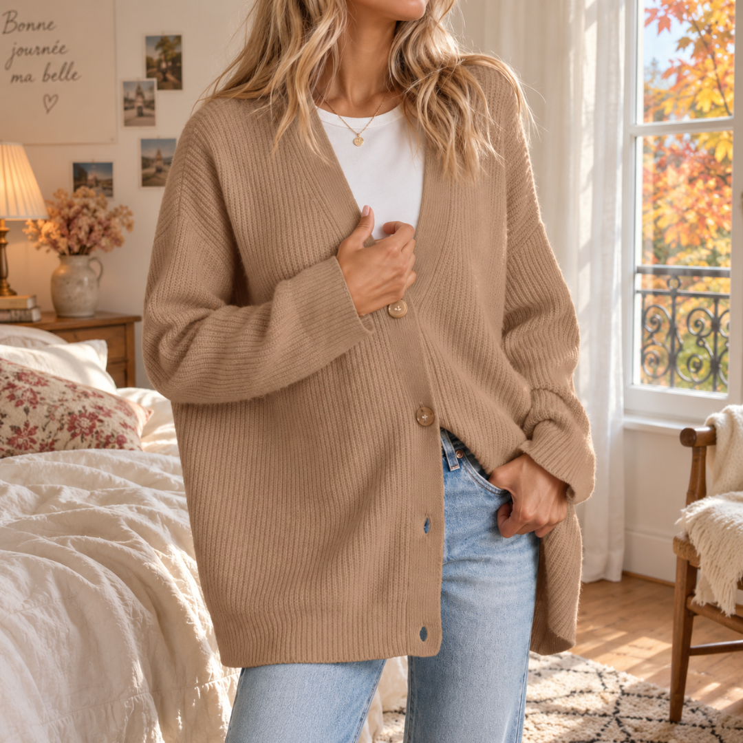 Cardigan donna kaki a coste con scollo a V e bottoni frontali a vista