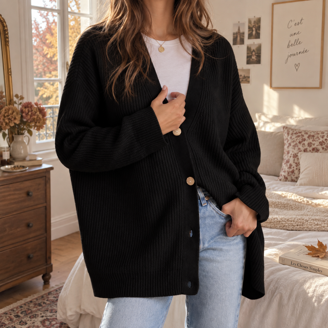 Cardigan donna nero a coste con scollo a V e polsini a costine