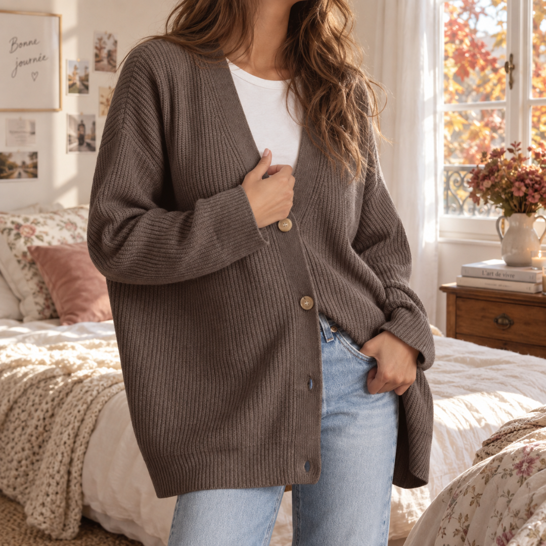 Cardigan donna taupe a coste con scollo a V abbinato a pantaloni chiari